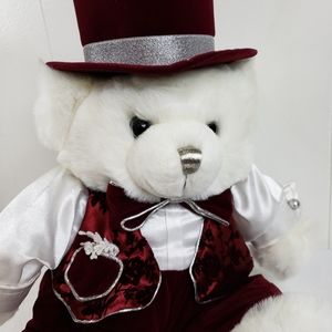 2001 Vintage Christmas Bear Plush Burgundy Velour Satin Glass Eyes Top Hat 15"